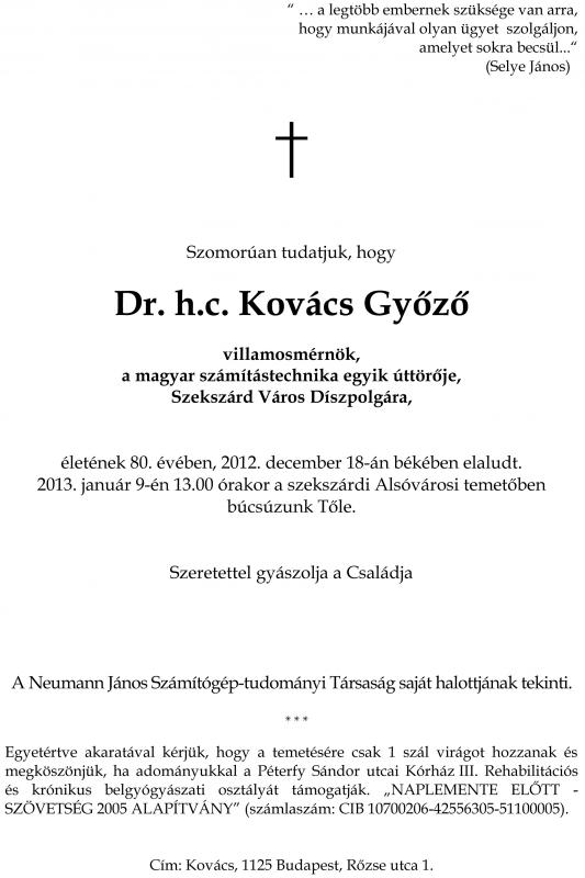 Kovács Győző gyászjelentése