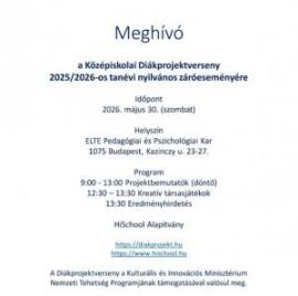 Meghívó a 2026. évi Középiskolai Diákprojektverseny nyilvános záróeseményére