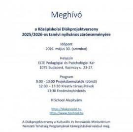 Meghívó a 2026. évi Középiskolai Diákprojektverseny nyilvános záróeseményére